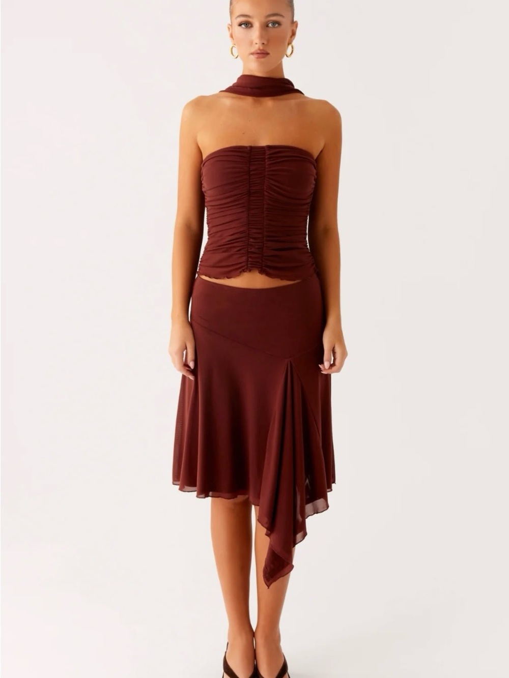 Peppermayo SET Asymmetrical Midi Skirt and tube top with scarf in Maroon